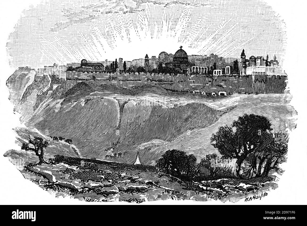 A late 19th Century view from the Mount of Olives of Jerusalem built on a plateau in the Judaean Mountains between the Mediterranean and the Dead Sea. It is one of the oldest cities in the world, and is considered holy to the three major Abrahamic religions—Judaism, Christianity, and Islam. Stock Photo