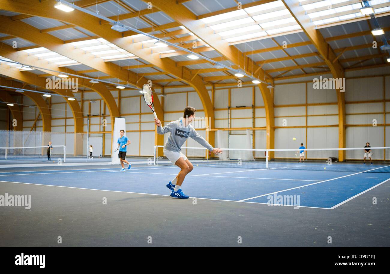 Intercommunal tennis centre of L’Hermitage (Brittany, north-western France): indoor courts Stock Photo