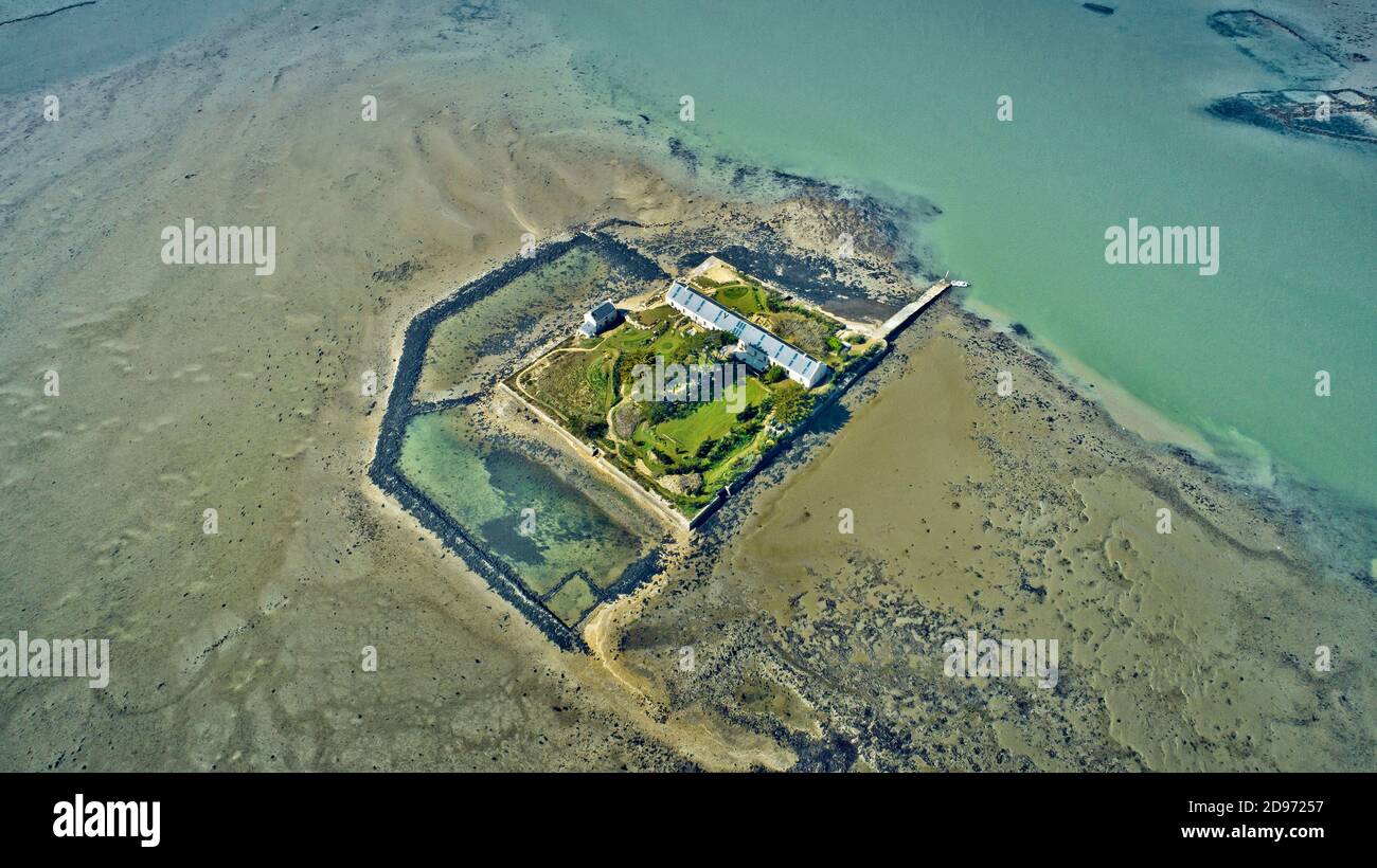 Saint-Armel (Brittany, north-western France): aerial view of Quistinic Island in the gulf of Morbihan, old fishery Stock Photo