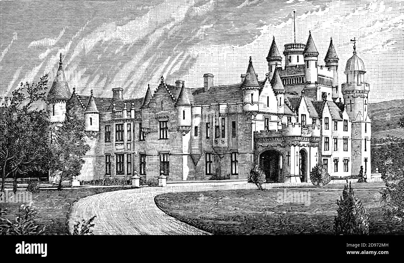 A late 19th Century view of Balmoral Castle, a large estate house of Scottish baronial architecture, in Royal Deeside, Aberdeenshire, Scotland. It has been one of the residences of the British royal family since 1852, when the estate and its original castle were bought from the Farquason family by Prince Albert, the husband of Queen Victoria. When the house was found to be too small, the current Balmoral Castle was commissioned; the architect was William Smith of Aberdeen and his designs were amended by Prince Albert. Stock Photo