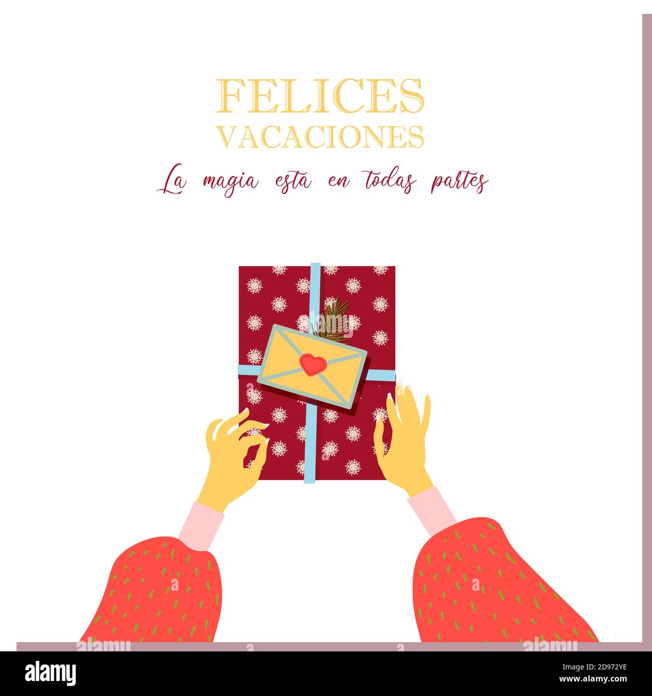 Hands are holding the gift. Unfolding the gift. Festive surprise box. Christmas minimalistic postcard. Inscription in Spanish: Happy Holidays Stock Vector