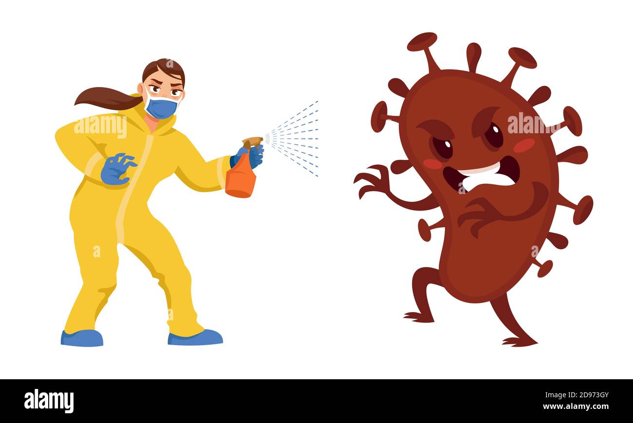 Woman fighting virus. Female character in protective suit spraying antiseptic. Health care concept. Stock Vector