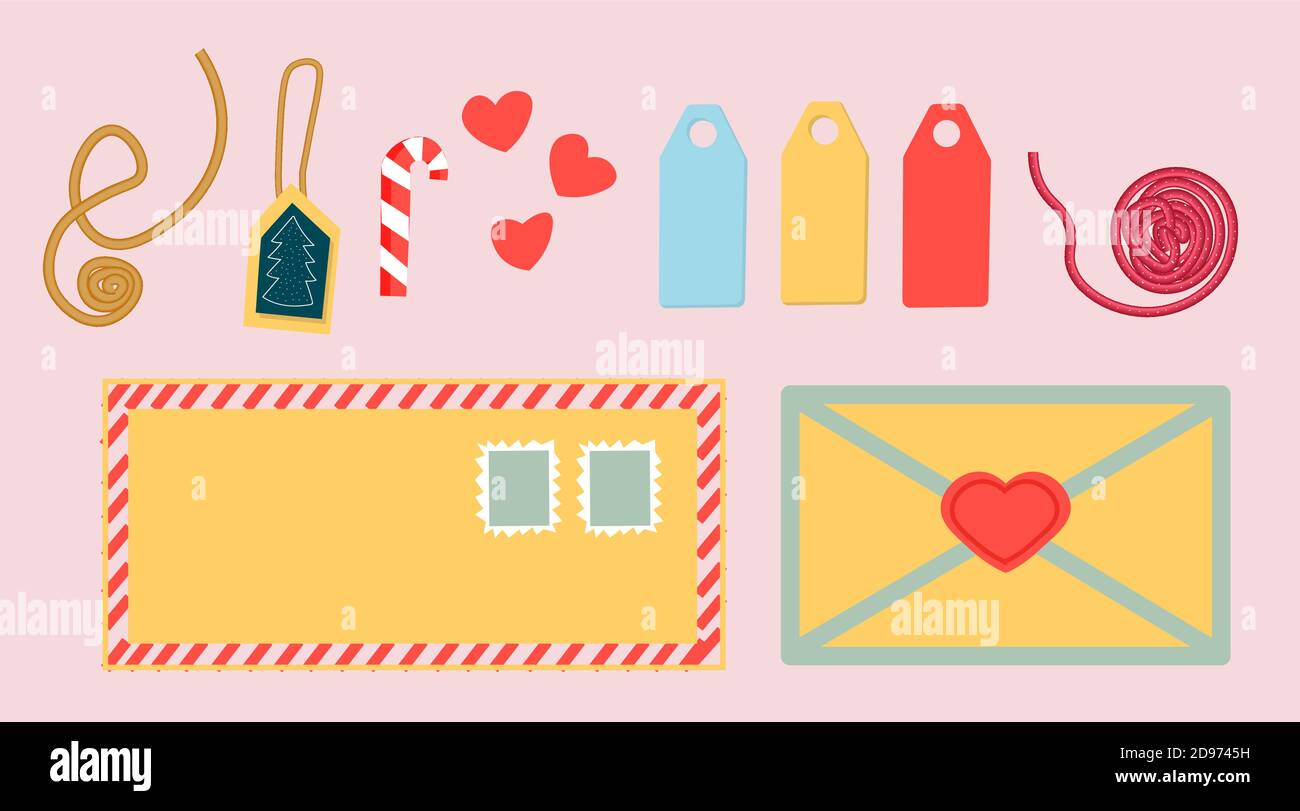 A set of postcards and envelopes. Isolated handdrawn postcards and