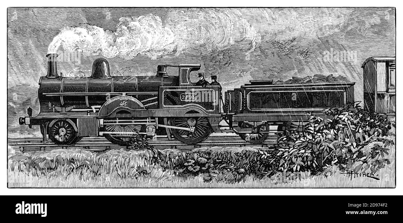 A late 19th Century view of the compound steam locomotive. It was designed by Francis Webb for the London and North Western Railway between 1882 and 1884 in the Crewe Works, and was Webb’s first large-scale experiment with a class of express compound locomotives. Stock Photo