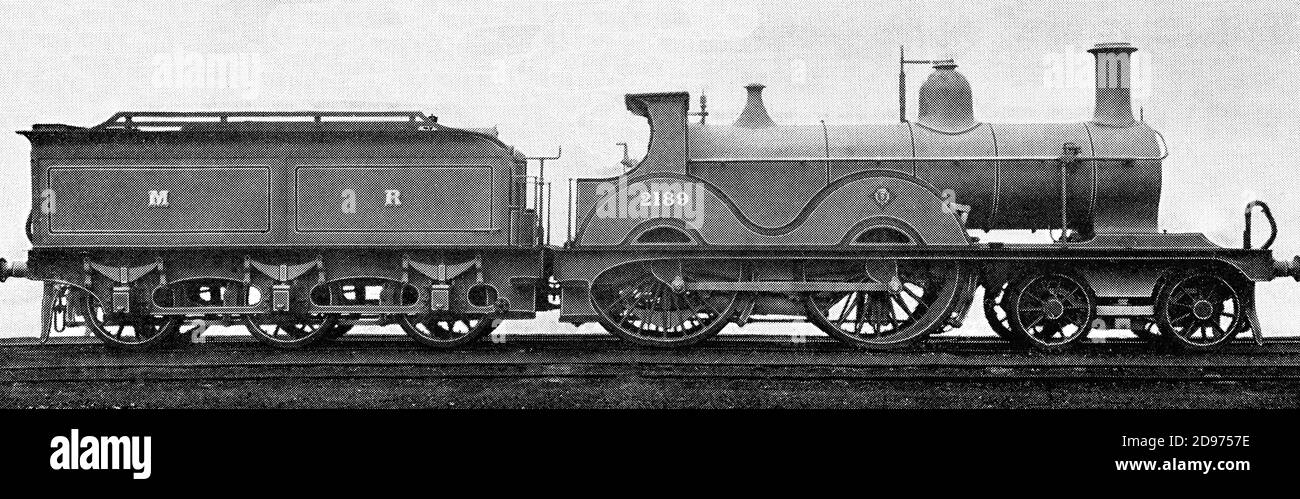 A late 19th Century view of Midland Express Locomotive No 2798, England. Probably a Class 1070 locomotives built under Johnson between 1874 to 1876. This was developed from Kirtley's 890 class, and had inside frames, 6ft 2in diameter driving wheels and 17in x 24in cylinders Stock Photo