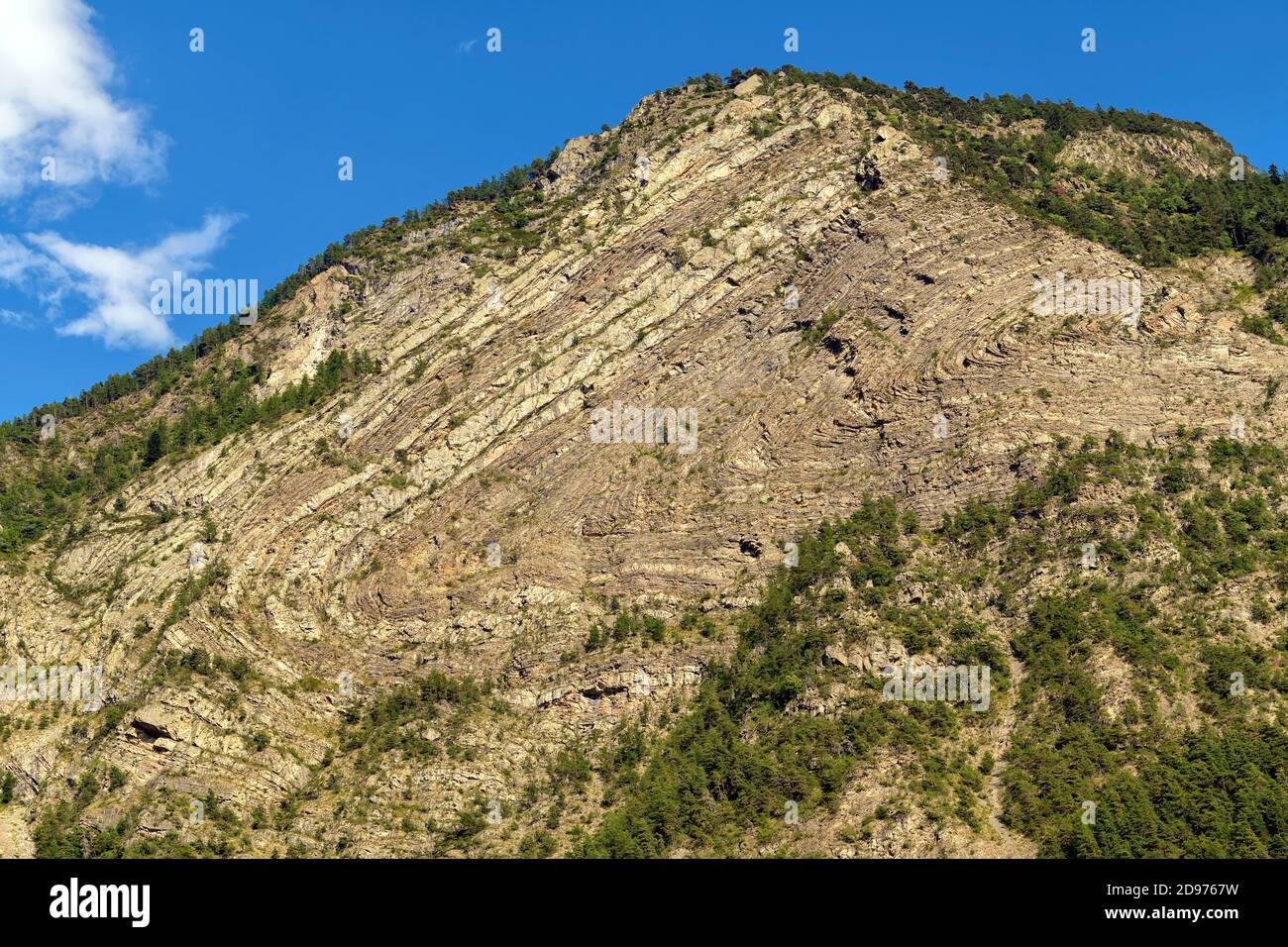 Lying anticline of Saint Clement, Famous synclinal hinge, drawn by layers of flysch to Helminthoides, Durance Valley, Hautes Alpes, France Stock Photo