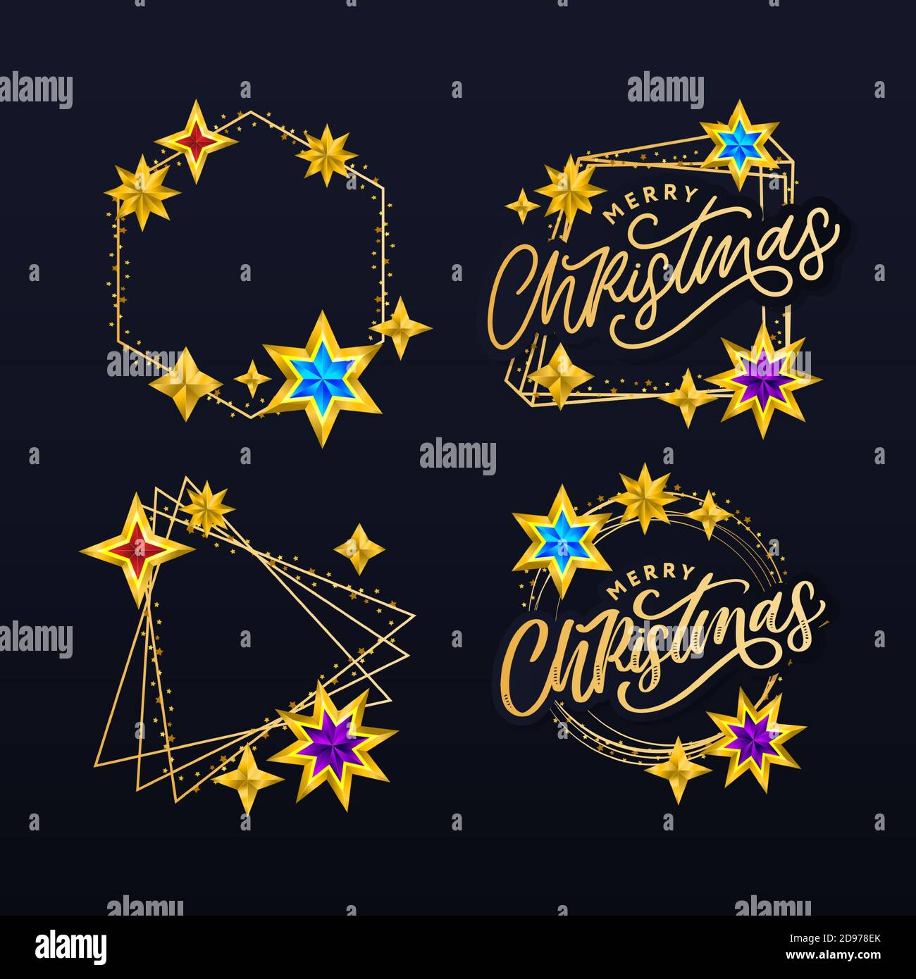 Merry Christmas card with hand drawn lettering and stars on dark ...