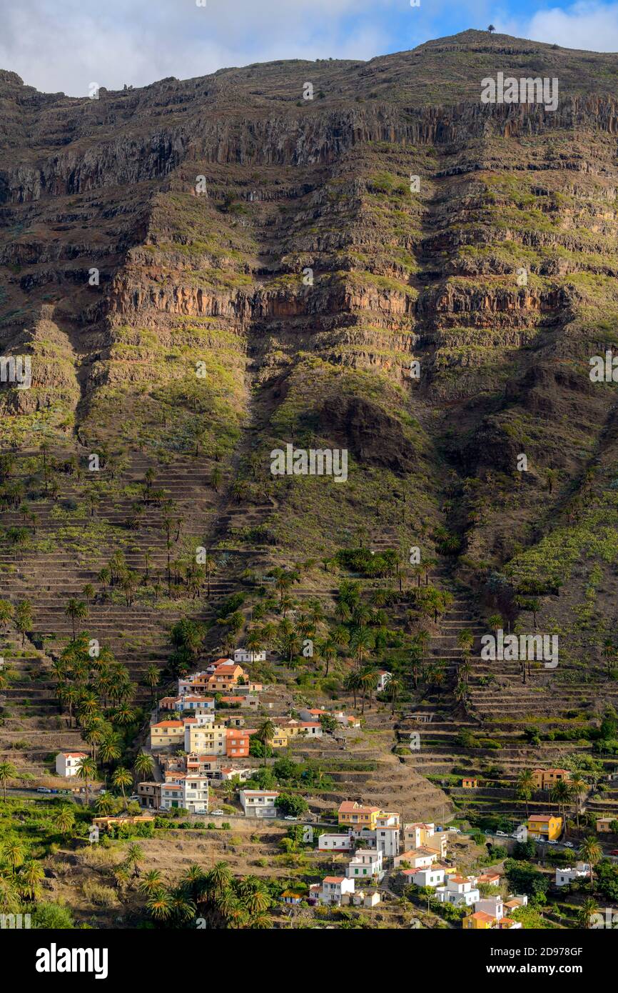 Hamlet surrounded by terraces, today mostly abandoned. Valle Gran Rey, La Gomera, Canary Islands Stock Photo