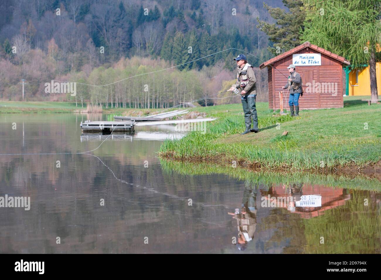 Fly fishing in a reservoir, Moselle, Lorraine, France Stock Photo Alamy