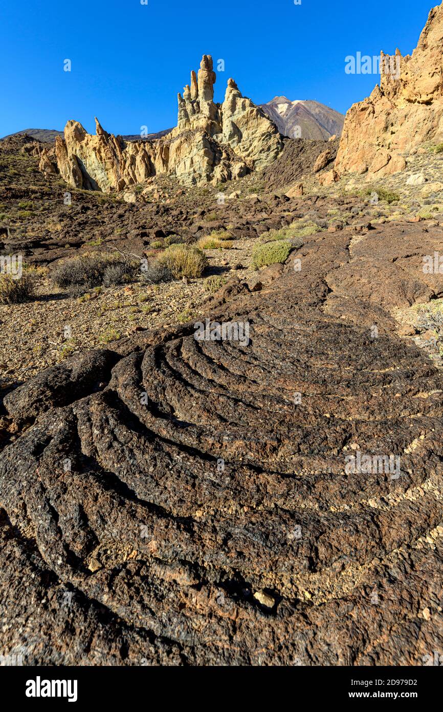 Washed strings in the caldera of las Cañadas del Teide. Teide is a huge volcano strato on the island of Tenerife, in the Canary Islands. It measures 3 Stock Photo
