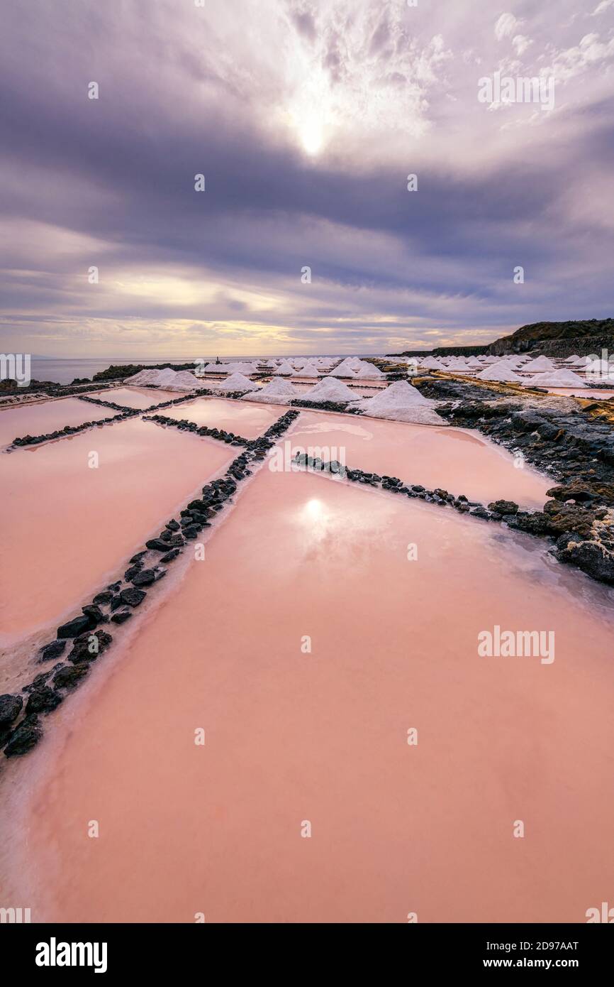 The saltworks of Fuencaliente, on the Island of La Palma in the Canaries. Iconic site of the island of La Palma, whose fleur de sel is very famous thr Stock Photo