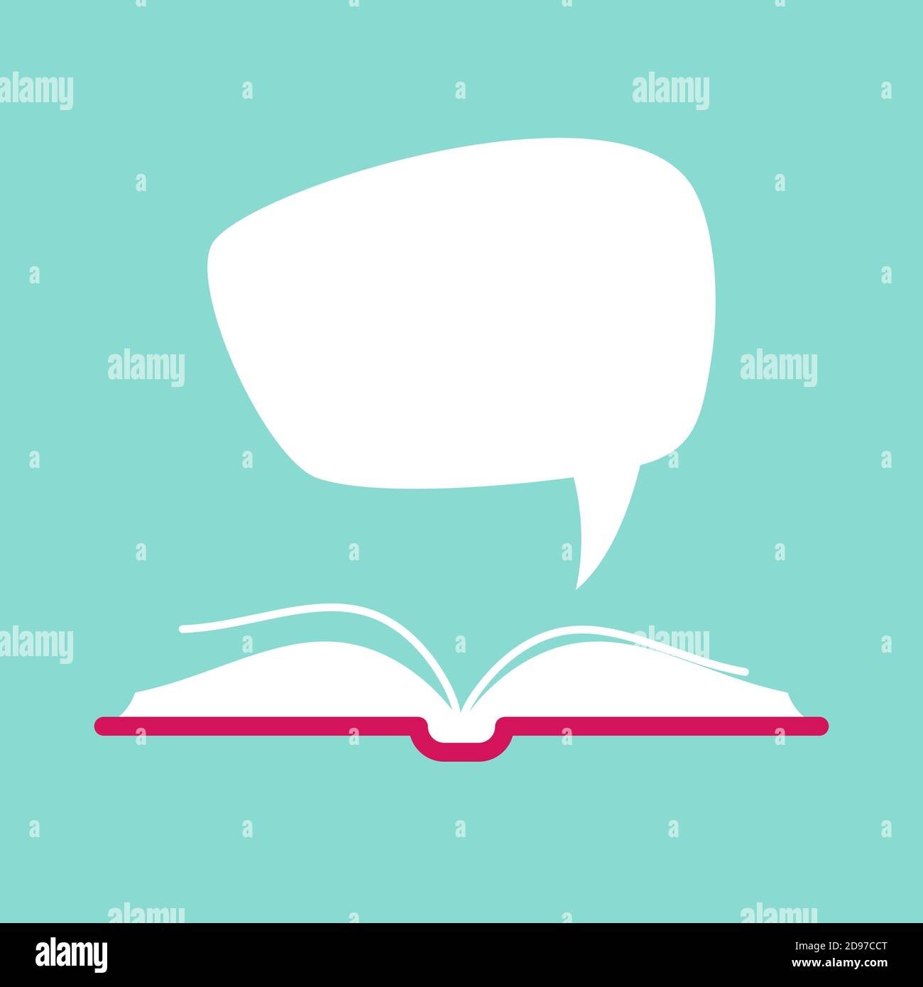 Open book with red book cover and white speech bubble flying out ...