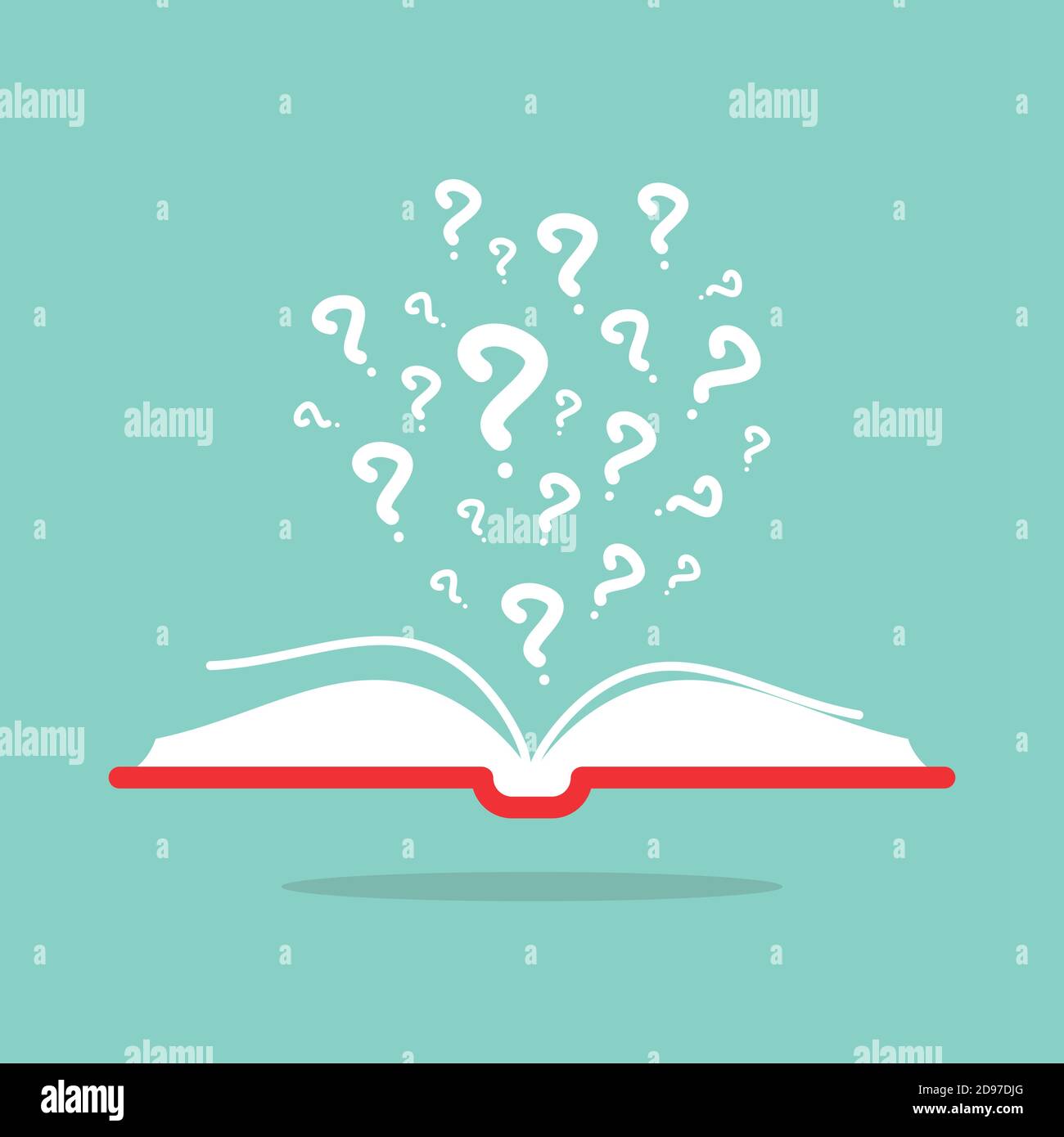 Open book with red book cover and white question marks flying out ...