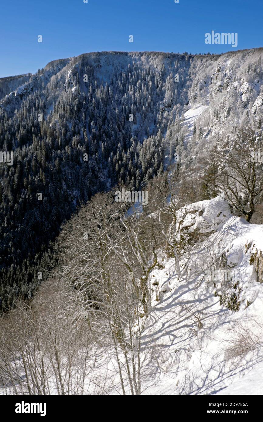 Glacial cirque, Col de la Schlucht, winter, snow, Hautes Vosges, Haut Rhin, France Stock Photo