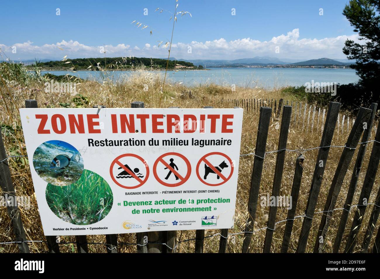 Panel Prohibit Zone Restoration of the lagoon environment, Posidonia, barrier, view of Embiez Island, Sanary Bay; Ile du Gaou, Le Brusc, Six Fours les Stock Photo