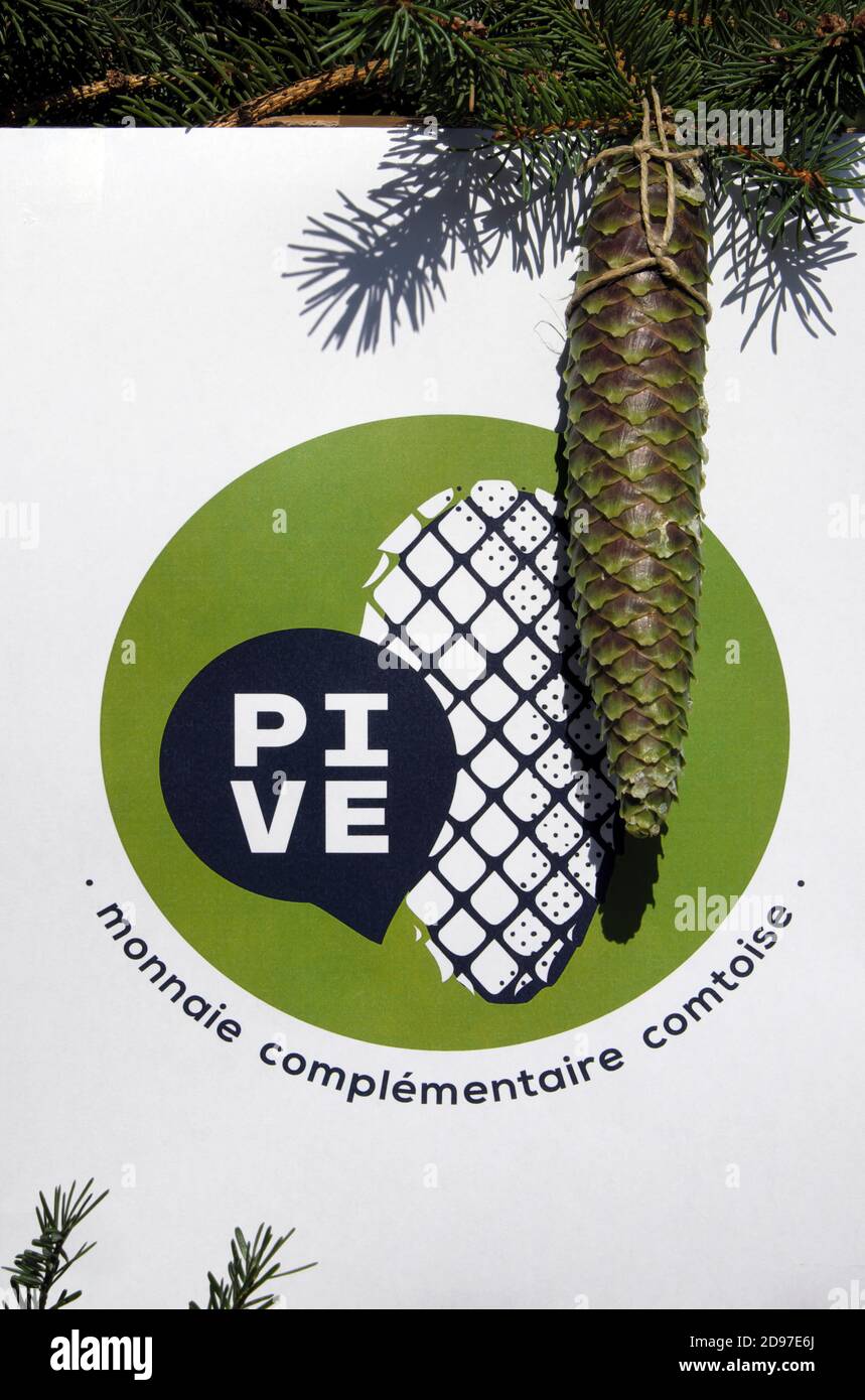 Panel, Spruce cone, Pive in Comtois, Pive, complementary Comtoise currency, Franche Comte currency Stock Photo