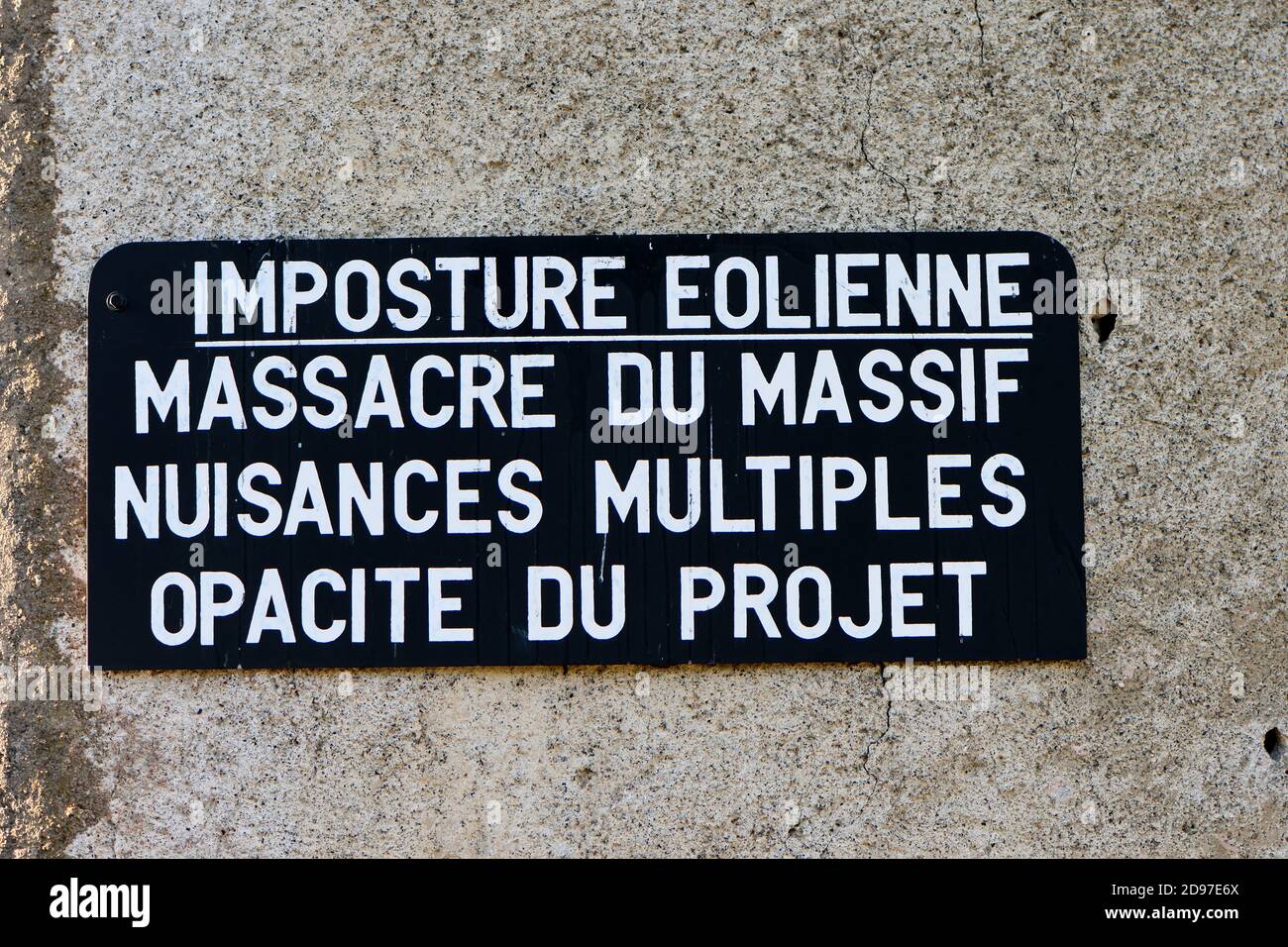 Sign, opposition to the installation of wind turbines, hamlet of Malval, Saulnot, Haute Saone, France Stock Photo