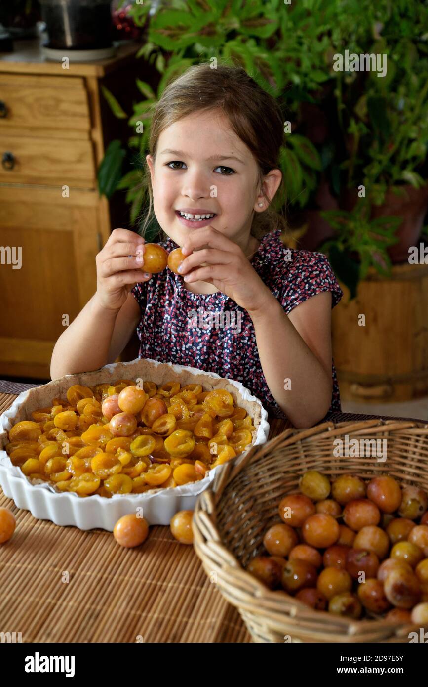 Little girl, 6 years old, preparing mirabelle plum tart, cooking