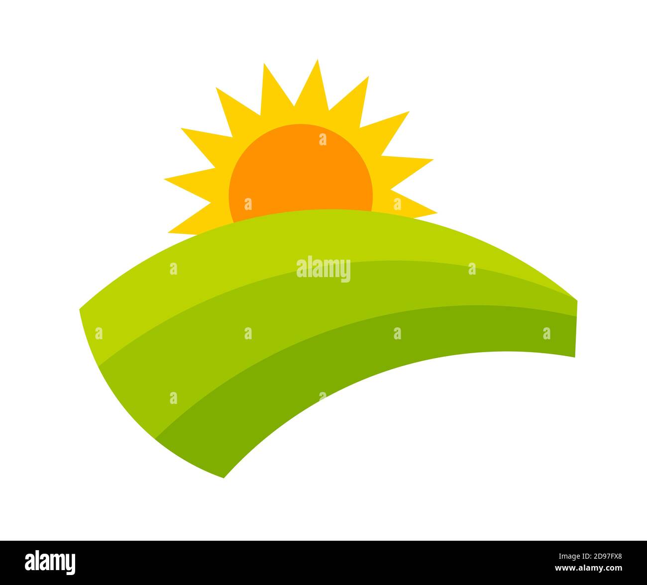 Sunset over green hill icon. Vector illustration. Stock Vector