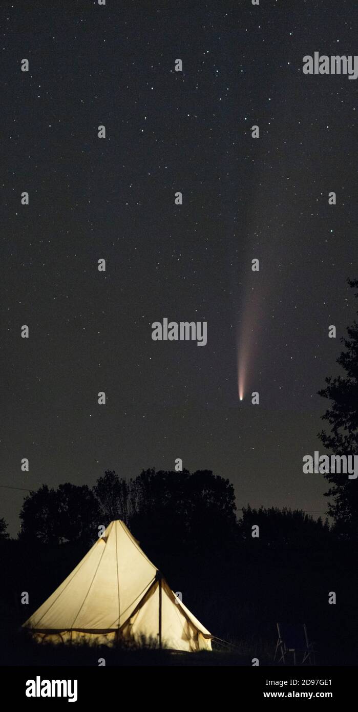 Comet Neowise and Tent, France, July 2020 Stock Photo