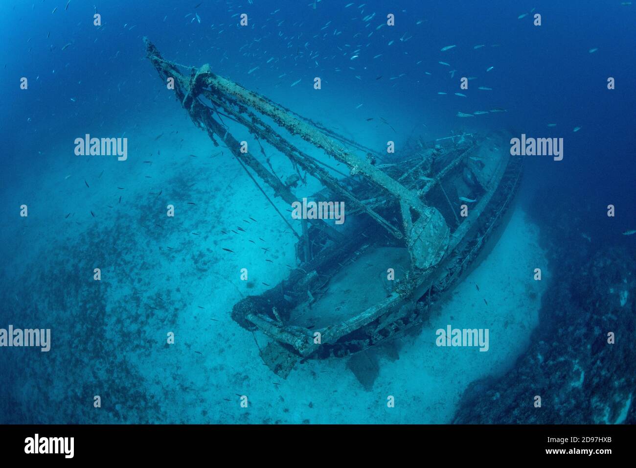 Wreck of the fishing boat Fortunal, which lies between 40 and 55 metres. Vis Island, Croatia, Adriatic Sea, Mediterranean Stock Photo
