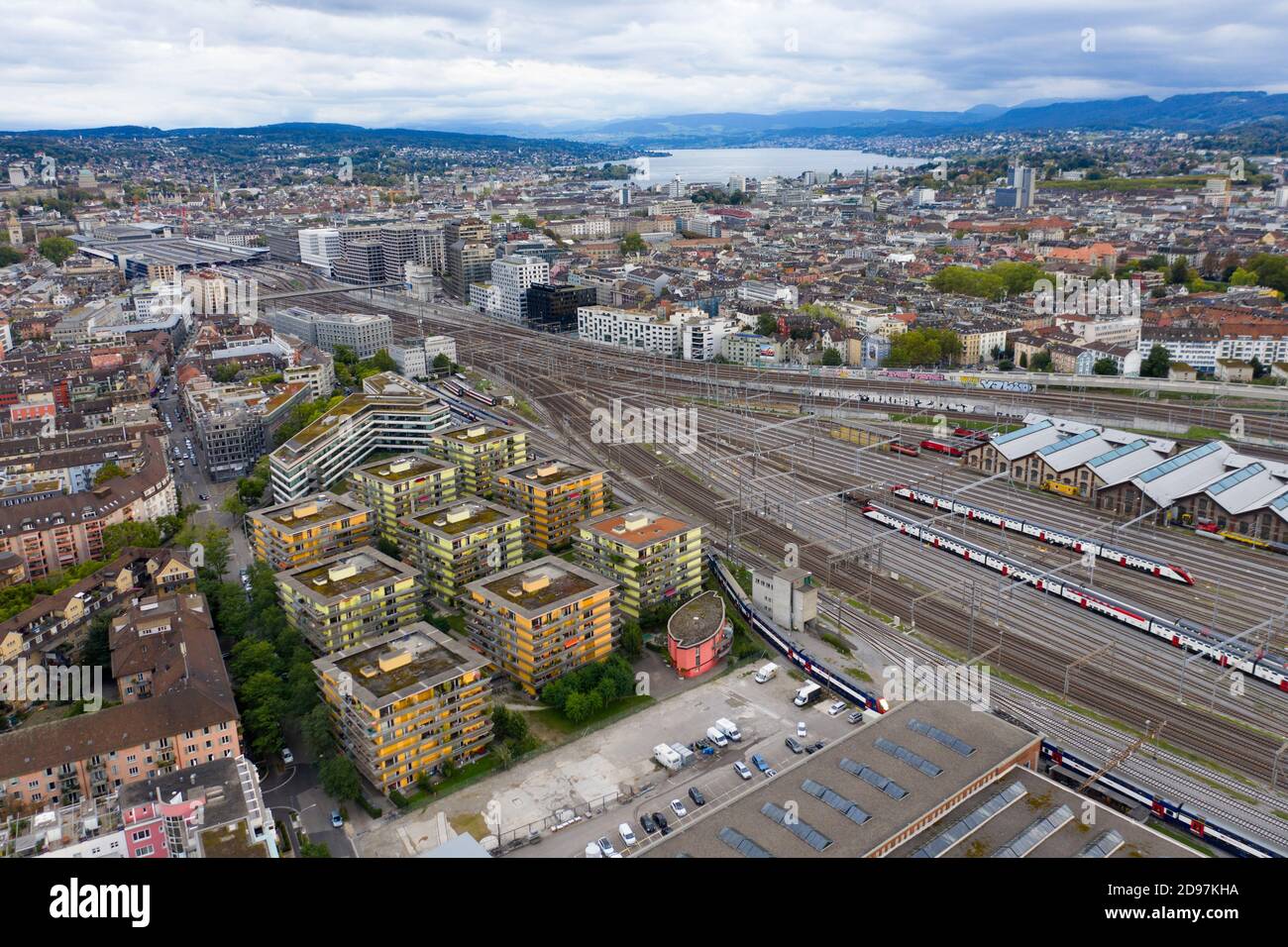 Aerial View, Drone Image of Zurich, Switzerland. Main train station;  Hauptbahnhof; Lake of Zurich Stock Photo - Alamy