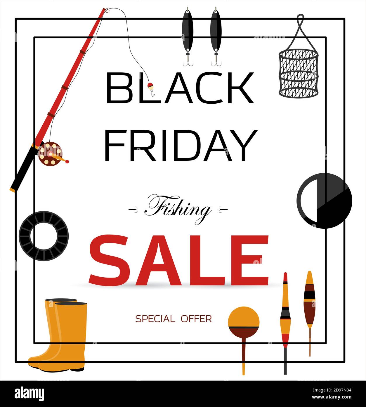 Advertising poster for black Friday. Shop that sells fishing products and  gear. Banner for discounts and sales. A poster with an inscription and a  special offer of the store. Online store with