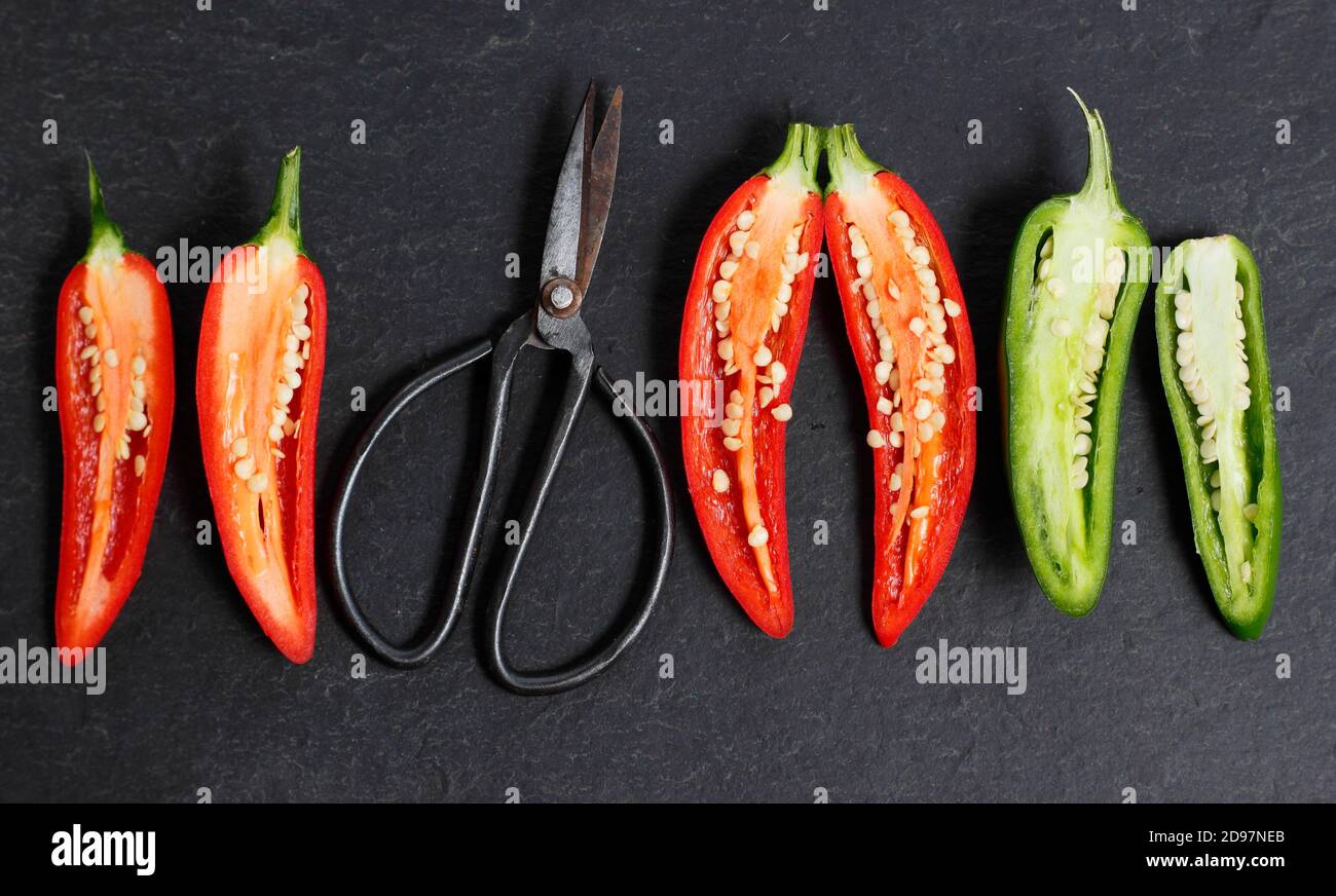 Homegrown jalapeno chilli peppers sliced open to reveal seeds. UK Stock Photo