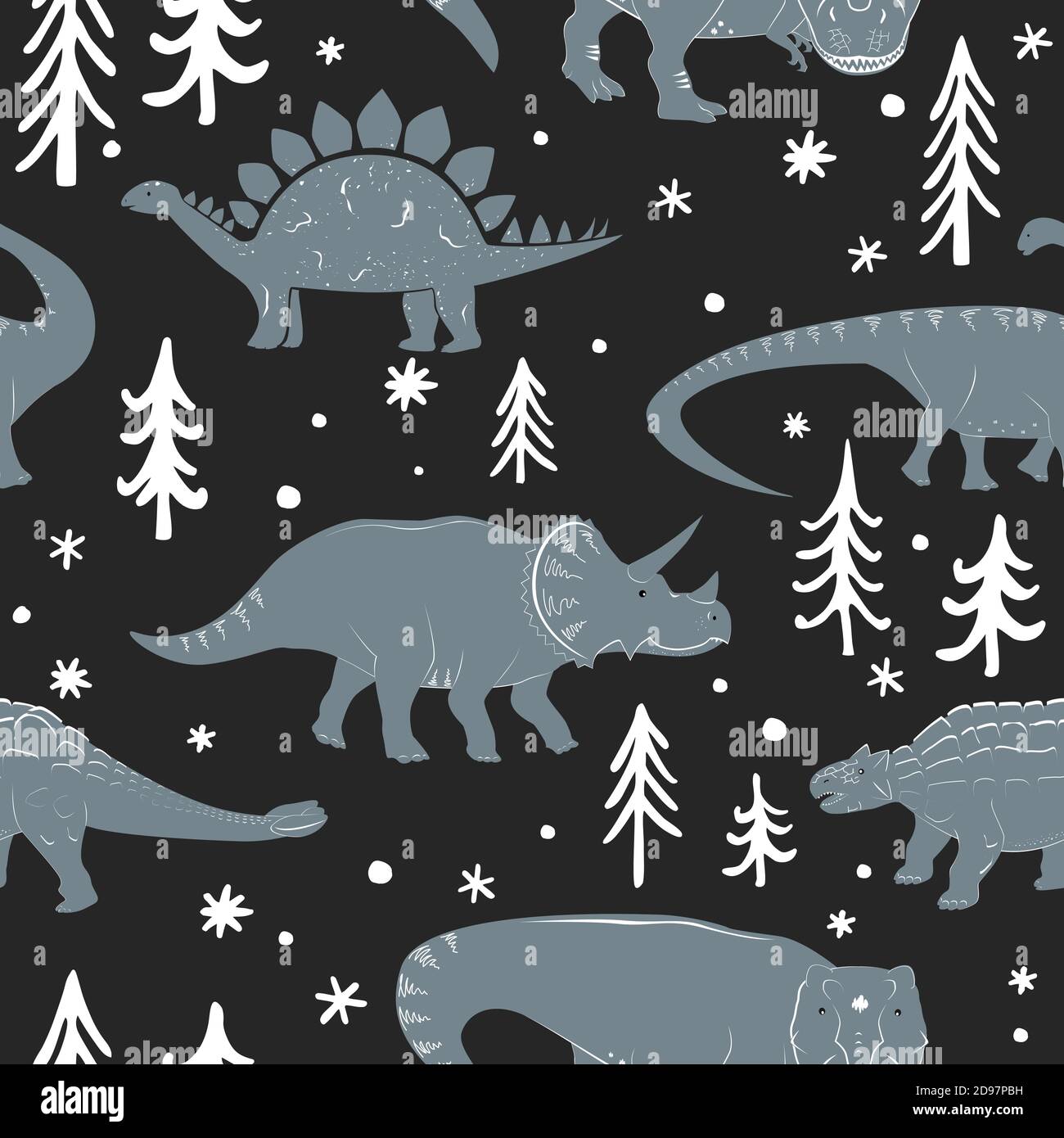 Winter seamless vector pattern with cute young dinosaurs and hand drawn doodle trees and snowflakes. Xmas kids background Stock Vector