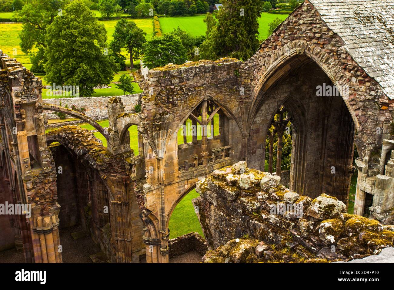 St Mary´s Abbey, Melrose Abbey, ruined monastery of the Cistercian order, Melrose, Scottish Borders, Scotland, United Kingdom, Europe. Stock Photo