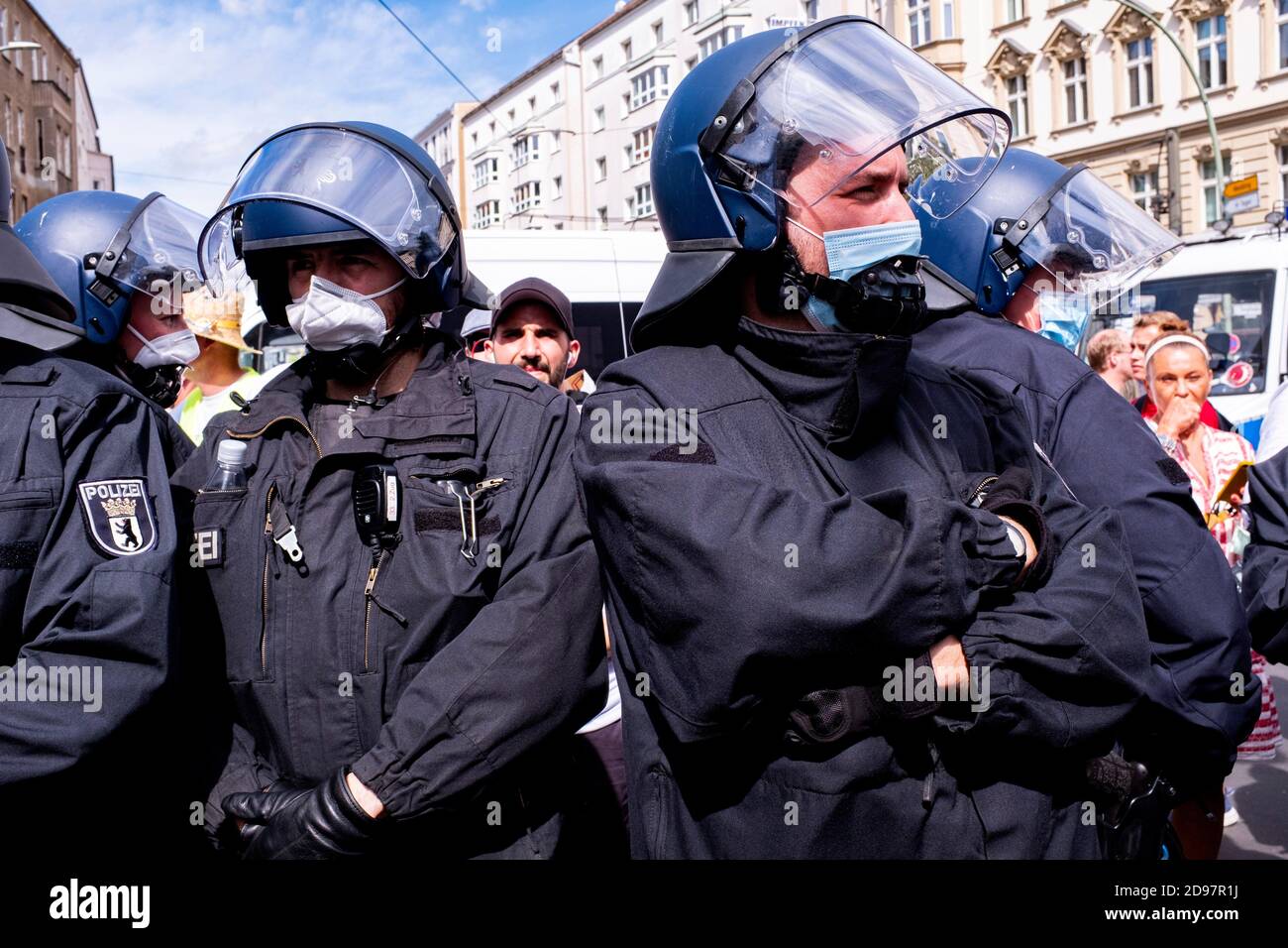 Berlin, Germany. On August 29, 2020 another Anti Corona Demonstration took place in Friedrichstrasse, Mitte. The Politzei / Police prevented the Stock Photo