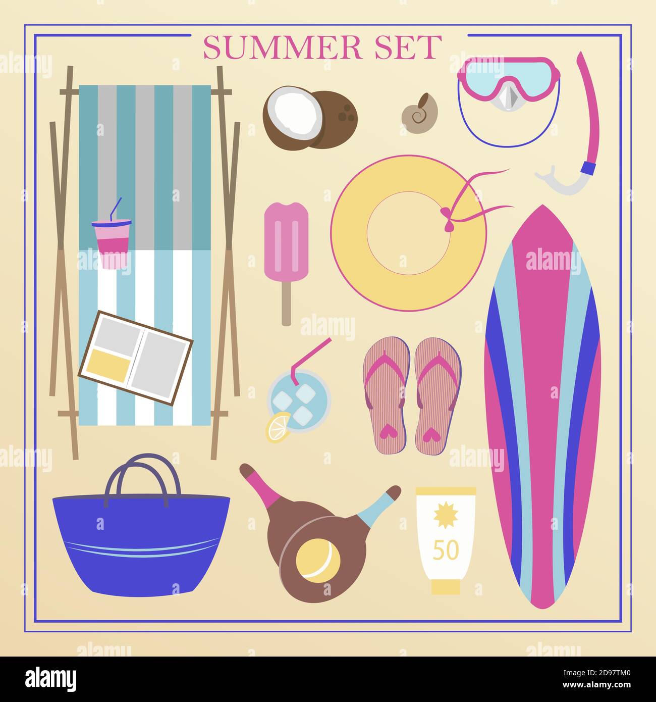 A set of flat beach summer items. Accessories for beach holidays by the sea. Swimsuit, diving cylinders, sunbed, camera and other icons for creating summer posters. Illustrations for ads, web, flyers, and banners. Stock Vector