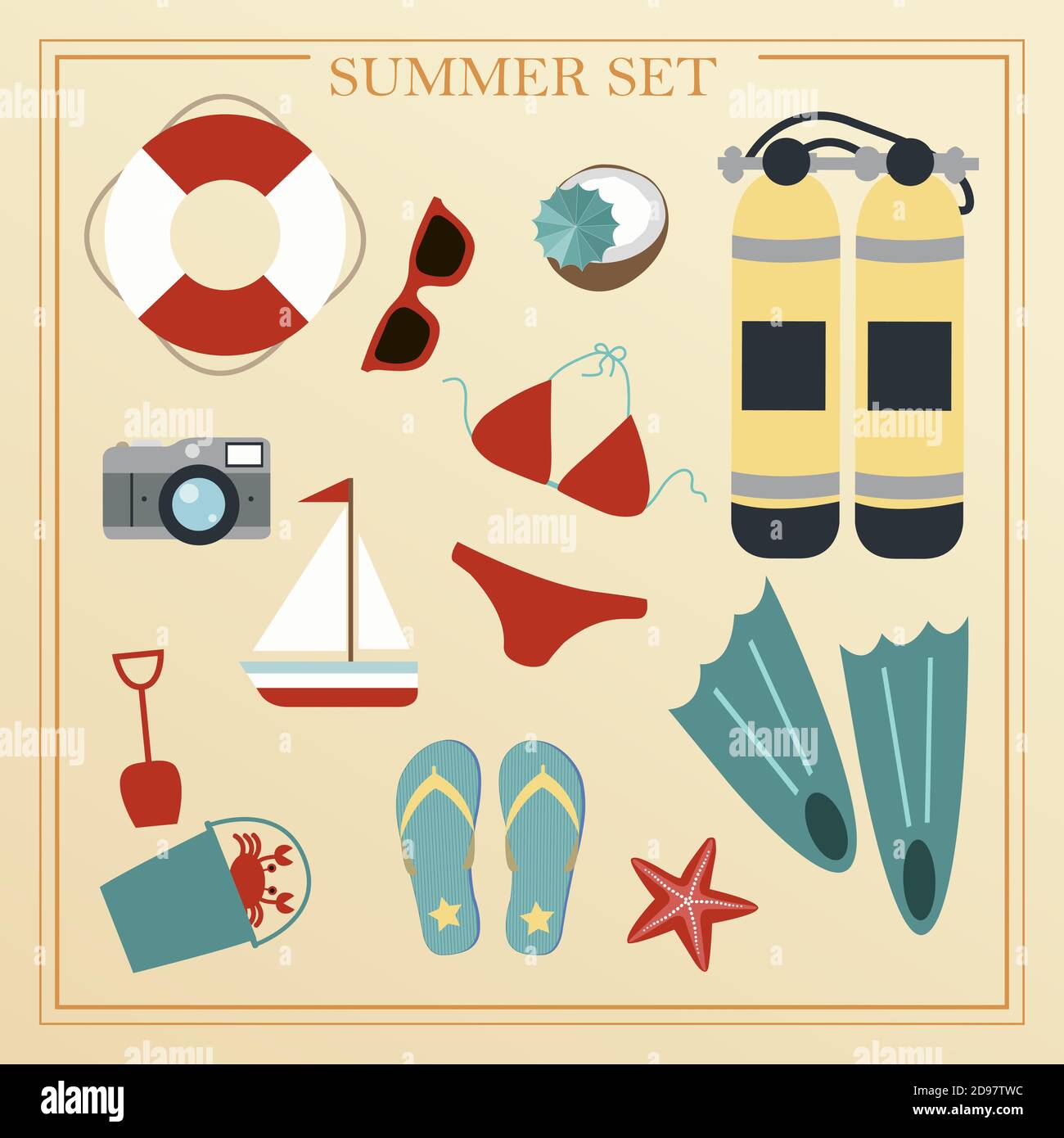 A set of flat beach summer items. Accessories for beach holidays by the sea. Swimsuit, diving cylinders, sunbed, camera and other icons for creating summer posters. Illustrations for ads, web, flyers, and banners. Stock Vector