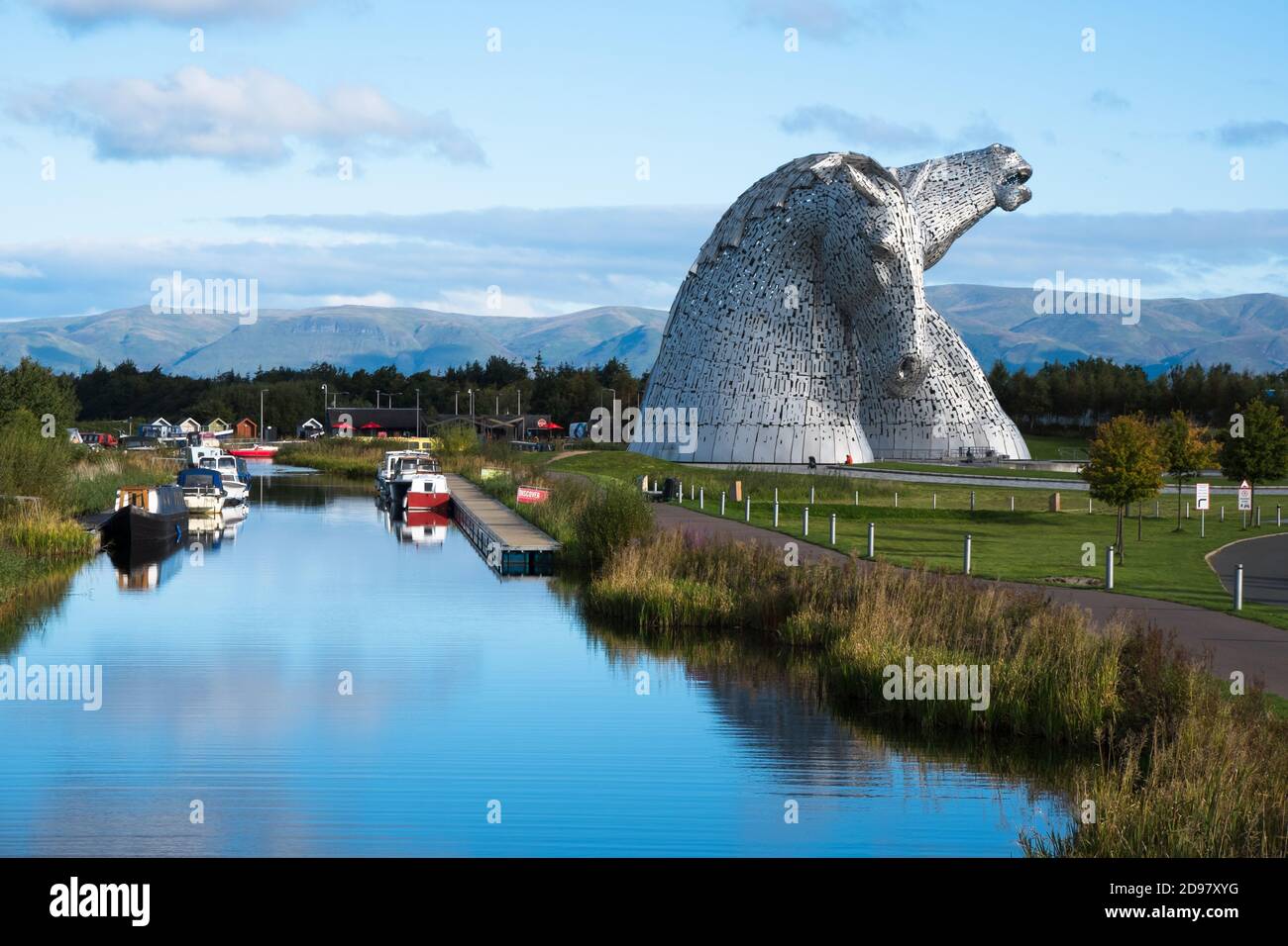 The Kelpies by the Forth & Clyde Canal. Grangemouth Scotland. Created by Glasgow artist Andy Scott Stock Photo