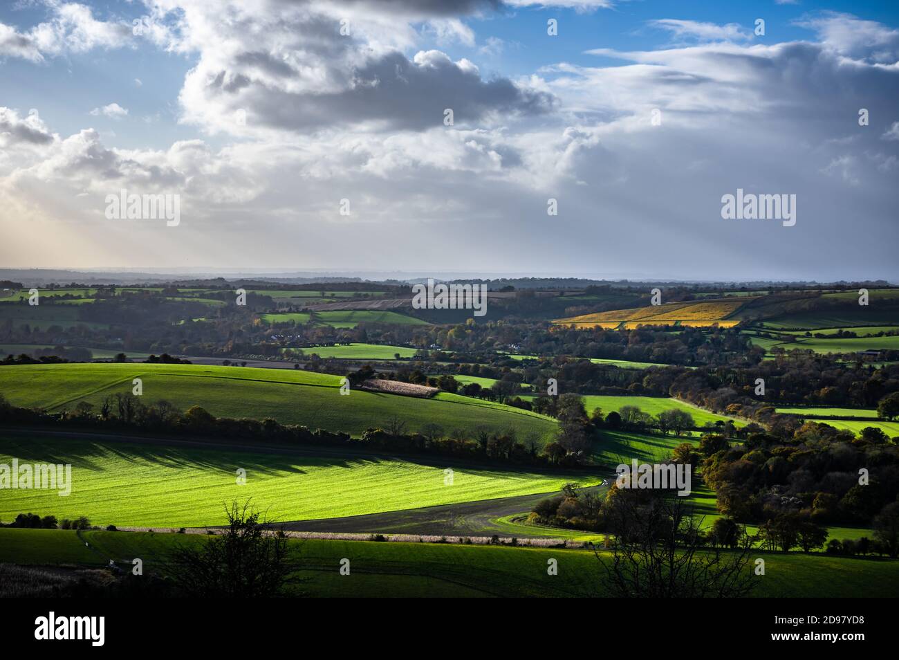Dramatic autumn sunlight falls across the rolling Hampshire countryside, typical of the South Downs national park in England.  View from Old WIncheste Stock Photo