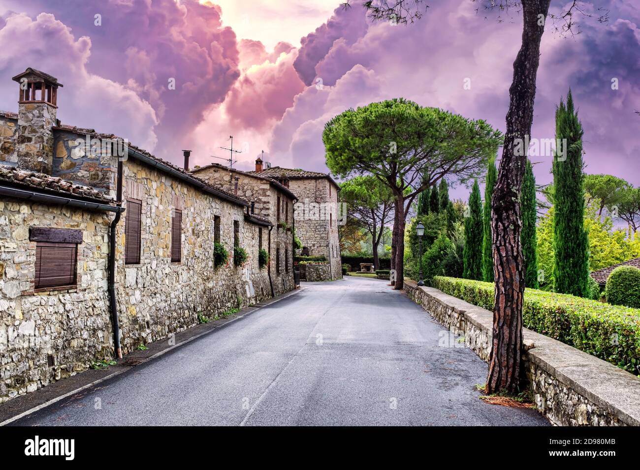 Epic storm clouds over San Sano village in Tuscany Italy. Stock Photo
