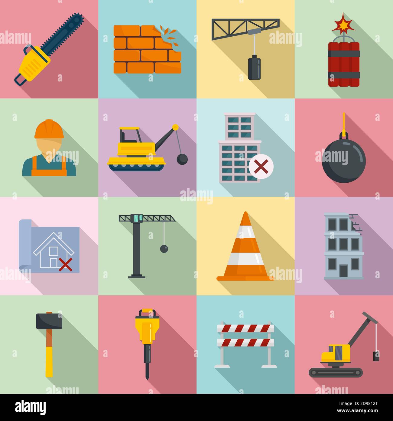 Demolition work icons set, flat style Stock Vector