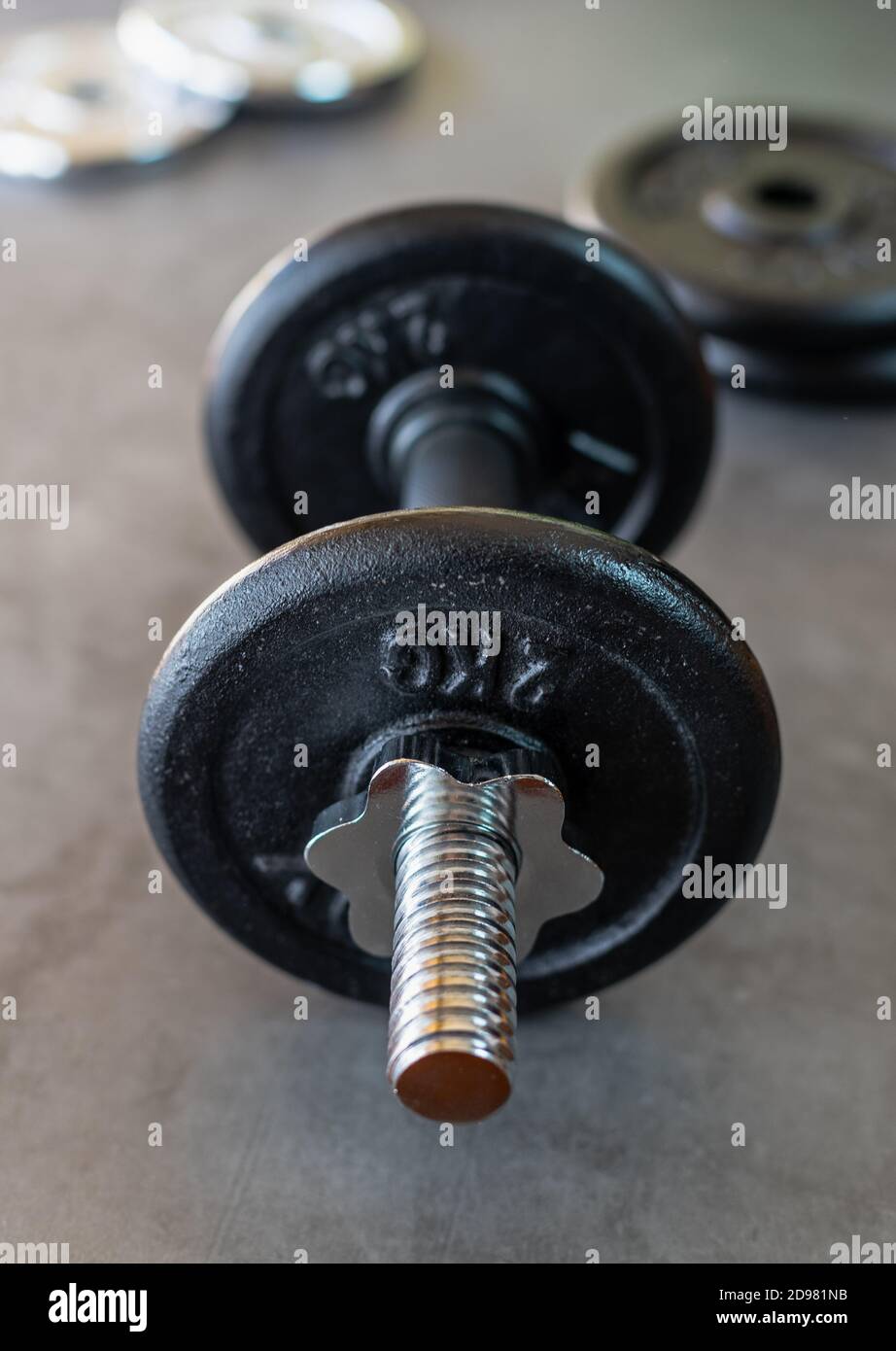 Dumbbell with 2 kg iron plates on a concrete surface and with more weight  plates at the bottom Stock Photo - Alamy