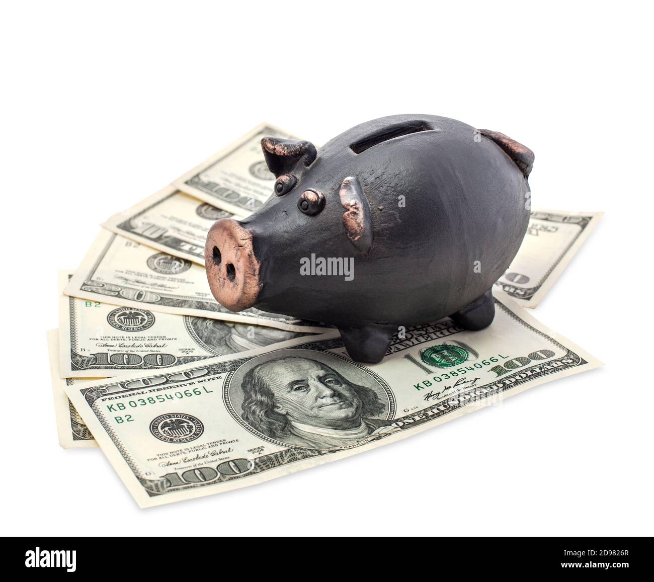 Money and black piggy bank isolated on white background Stock Photo - Alamy