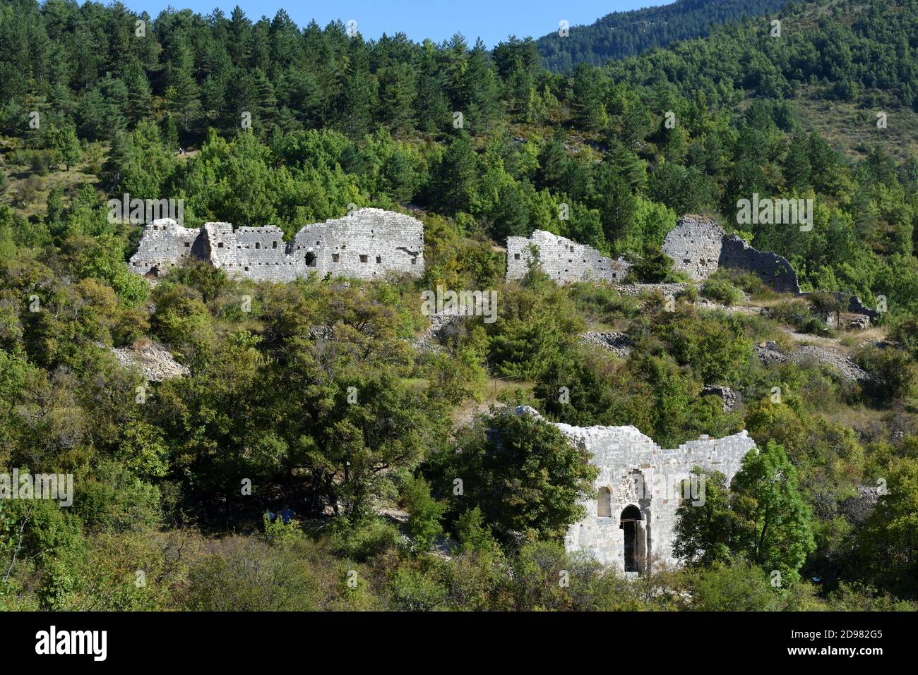 View over the Ruined Medieval Village & Ruins of Petra Castellana above Castellane Alpes-de-Haute-Provence Provence France Stock Photo