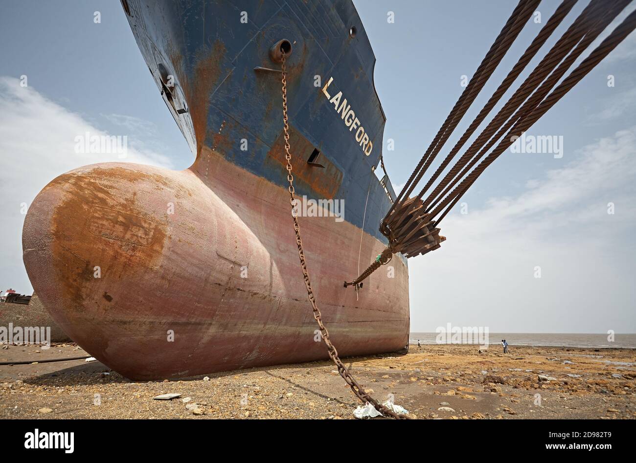 Alang, India, September 2008.Close up front view of a large tonnage cargo ship stranded on the beach waiting to be scrapped. Stock Photo