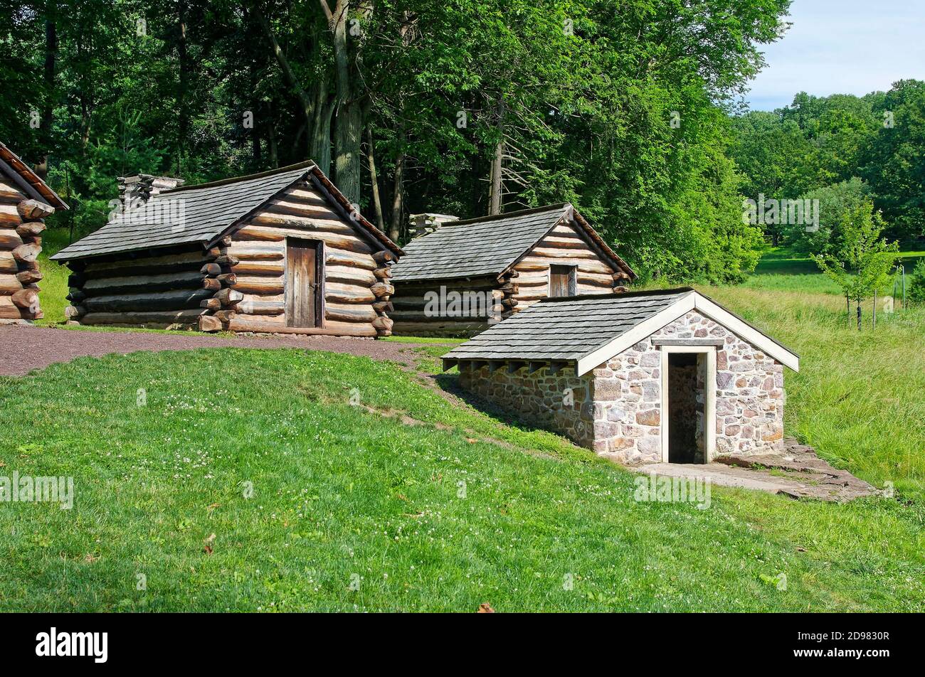 Revolutionary War Soldiers' huts; log cabins; rustic; primitive; stone springhouse; Americana