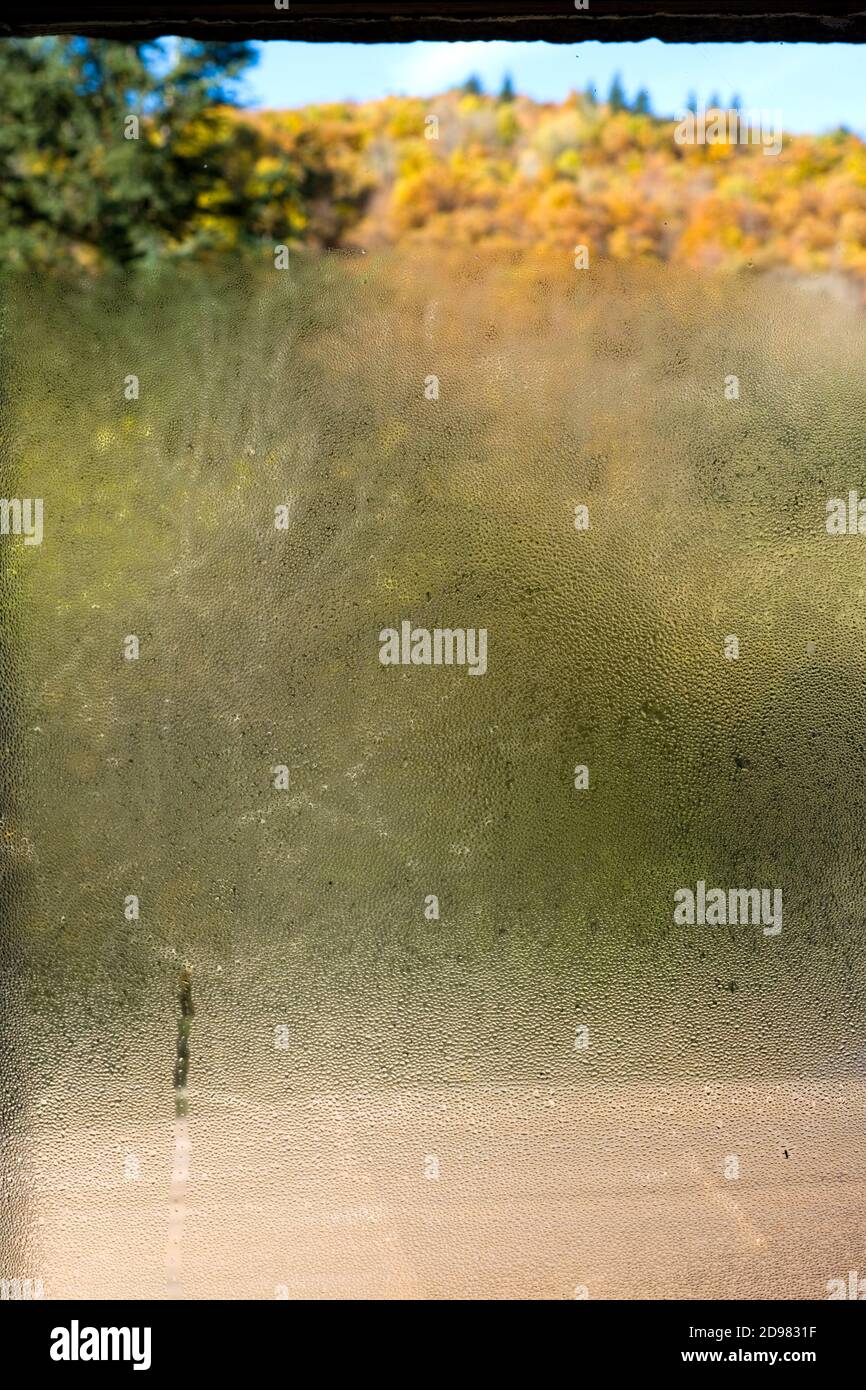 looking through a window, partly obscured by water condensation on the glass, onto a forested hill covered with trees in autumn Stock Photo