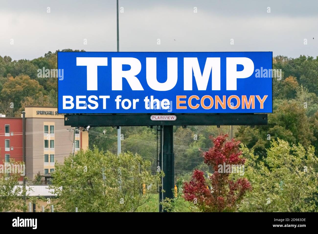 large Trump billboard along the side of the expressway. Mentioning the economy. Stock Photo