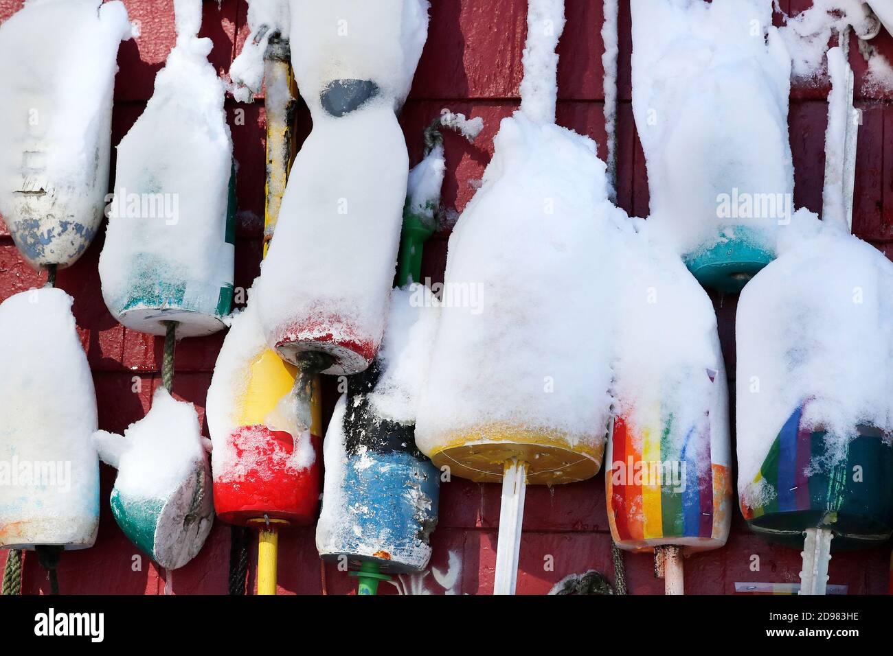 Lobster buoys on the side of the Barking Crab restaurant, Boston