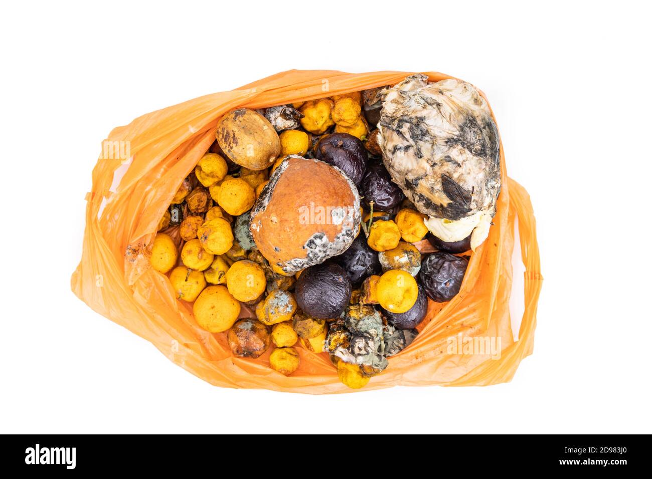 Bag contain rotten moldy fruits and vegetable for compost process Stock