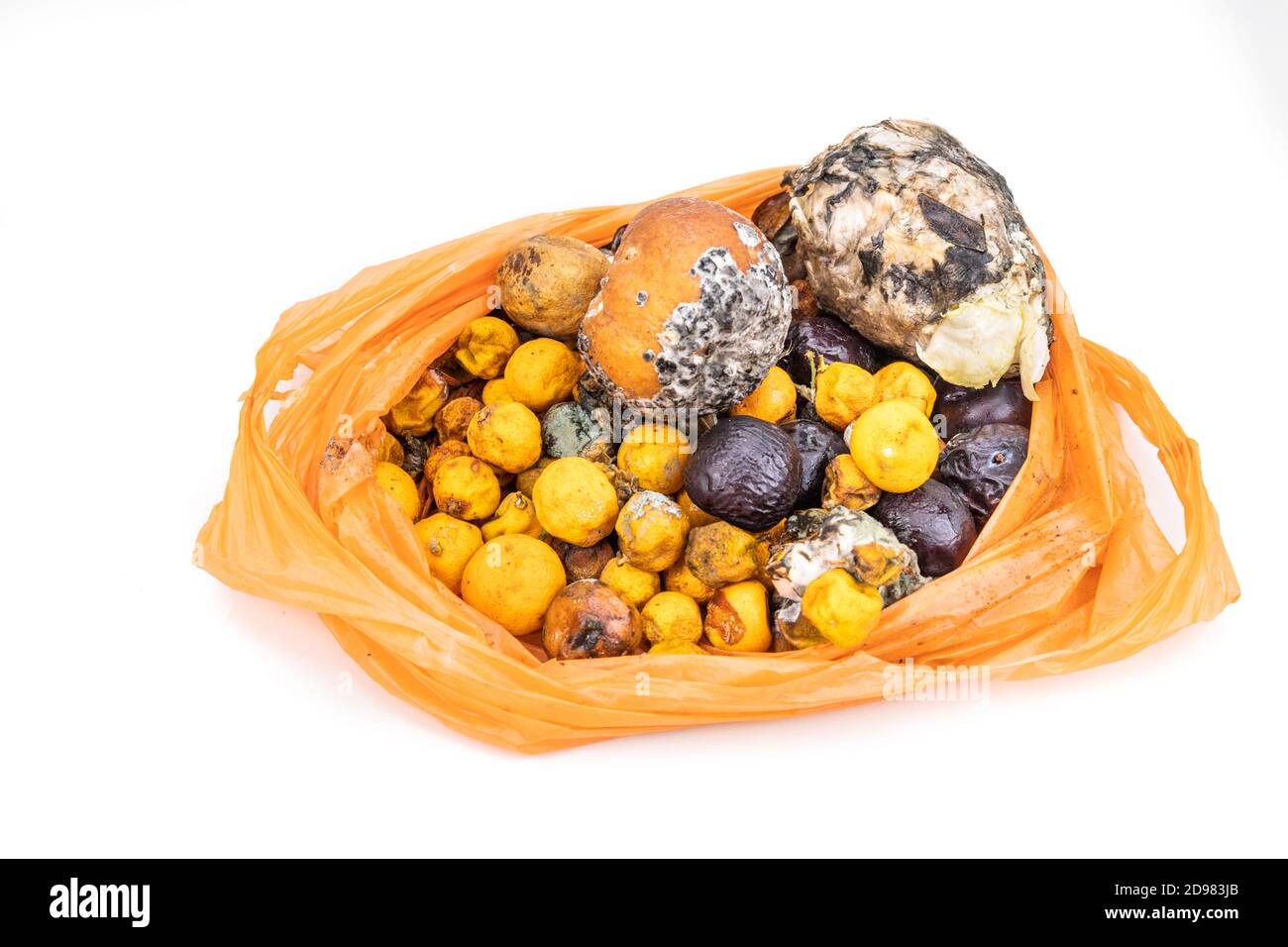 Bag contain rotten moldy fruits and vegetable for compost process Stock