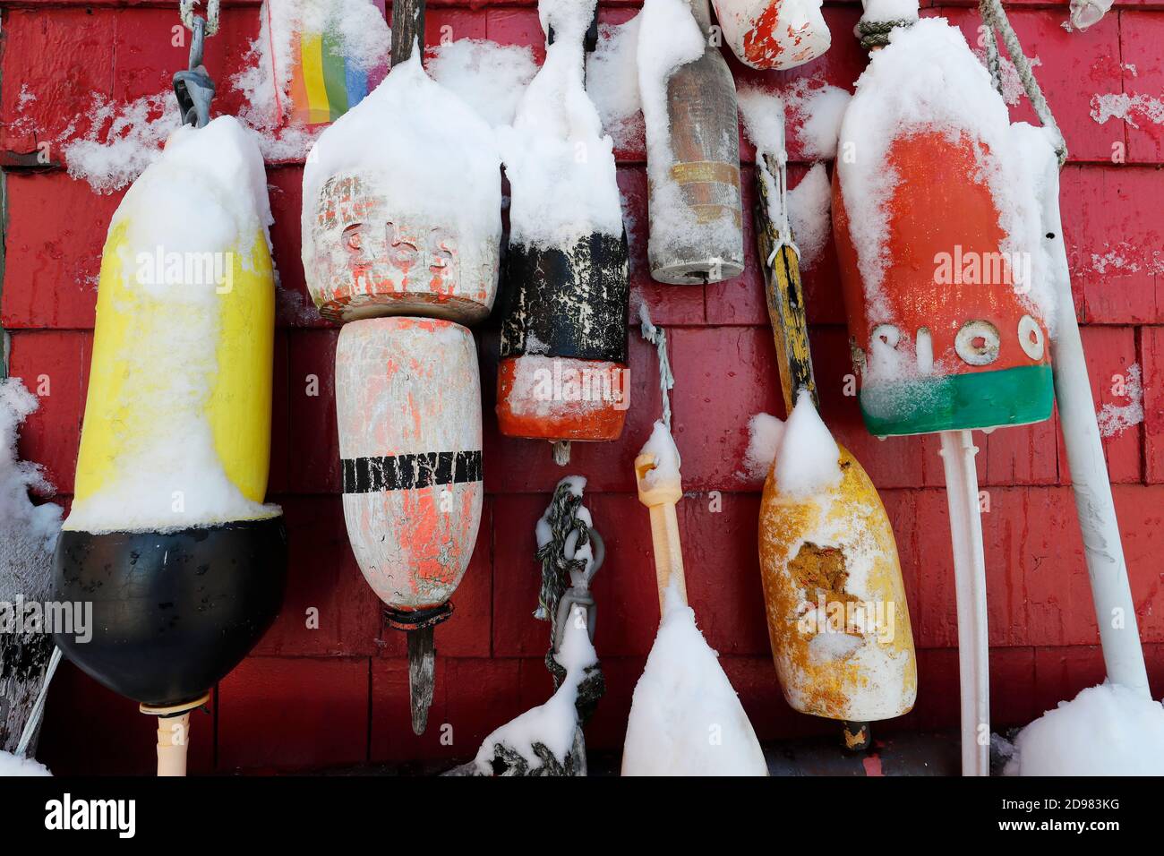 Lobster buoys on the side of the Barking Crab restaurant, Boston
