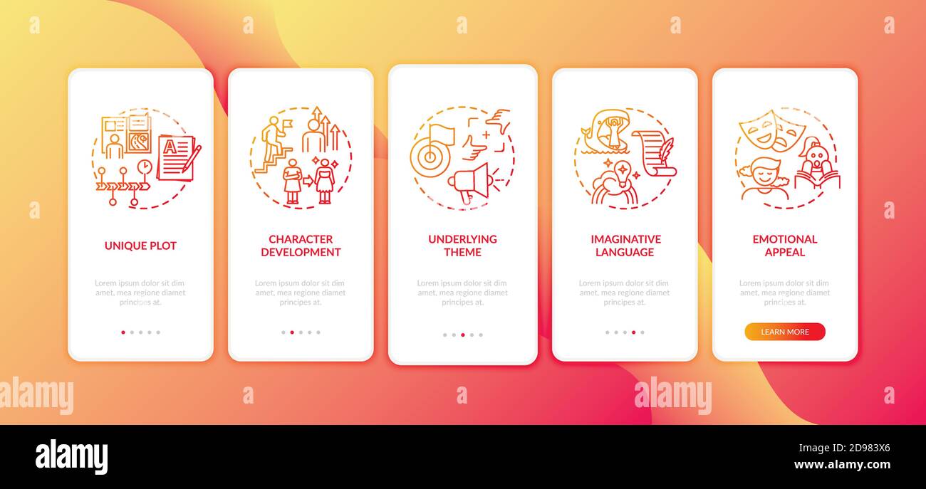 Creative writing elements onboarding mobile app page screen with concepts Stock Vector