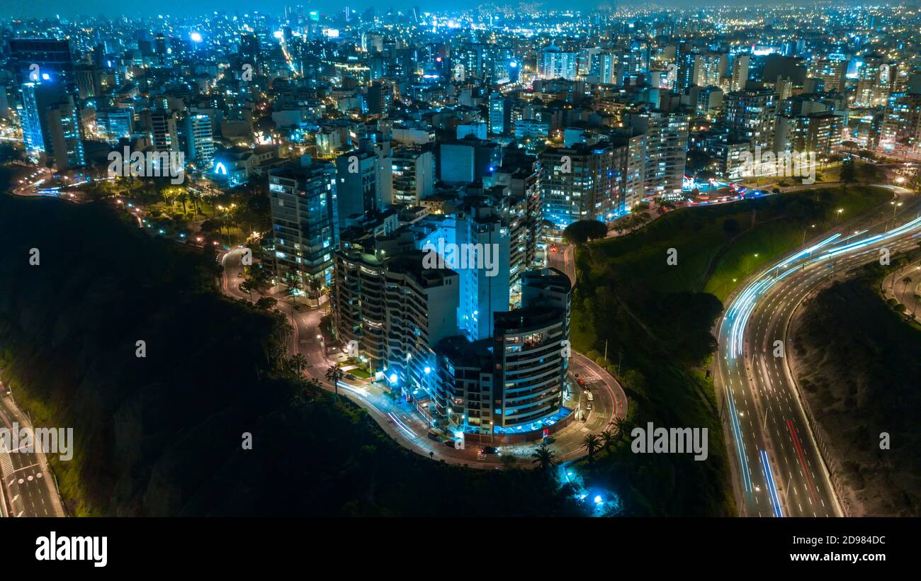 Panoramic Aerial view of Armendariz downhill, Miraflores town and the Costa Verde reef in Lima, Peru. Stock Photo